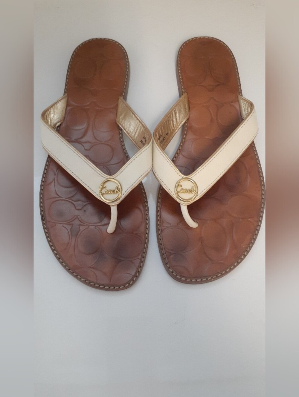 Coach Two-Tone Brown Leather Flip Flop Sandals with Cream Straps - size 8
